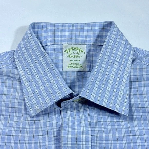 Brooks Brothers Dress Shirt Mens 15.5/32 Blue-White Check Milano No Iron Stretch - Picture 6 of 9